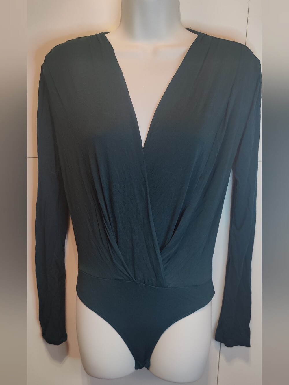 Mustard Seed Dark Green Plunge Wrap Long Sleeve Bodysuit S